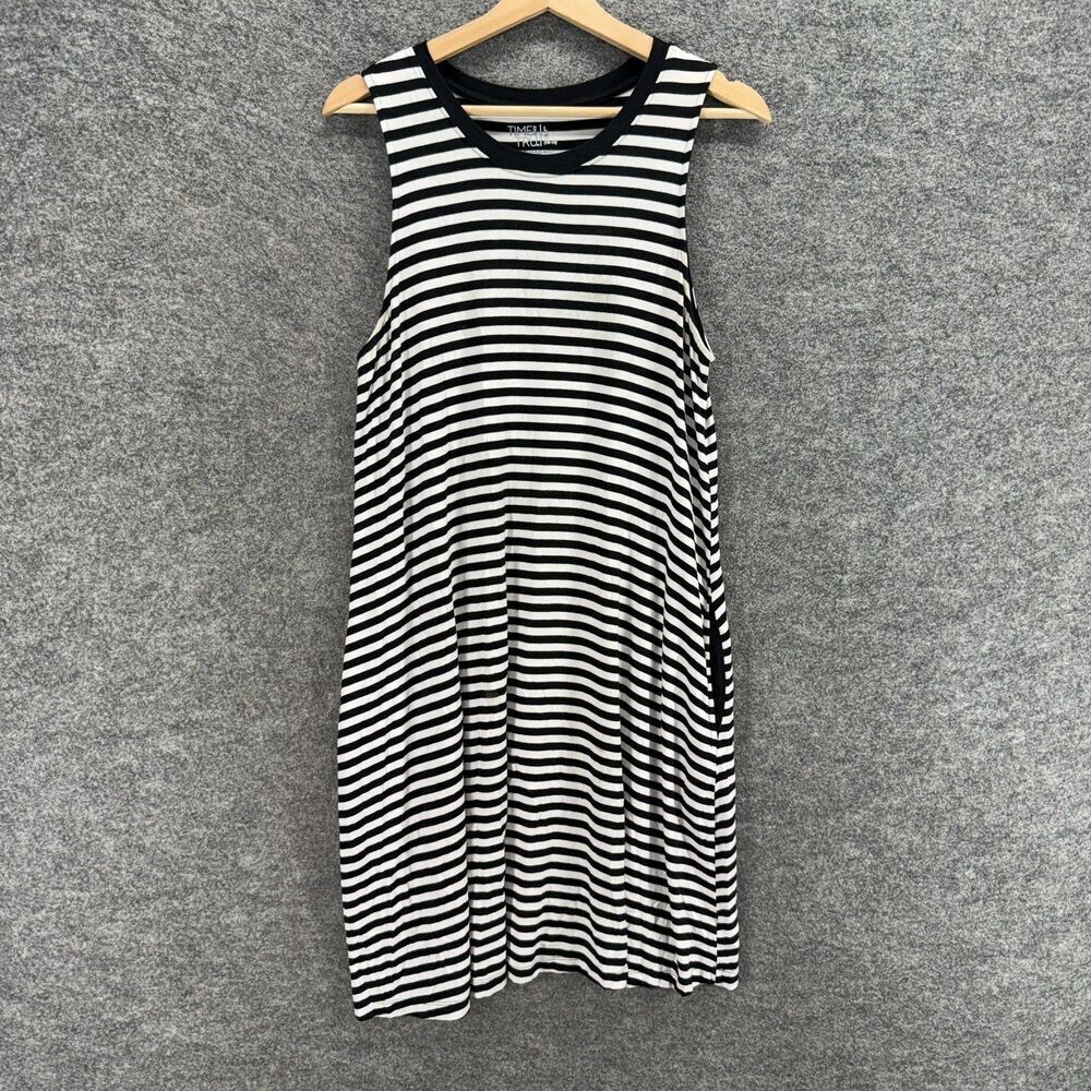 Time And Tru Dress Women L Large Black Striped Shift Midi Sleeveless Rayon